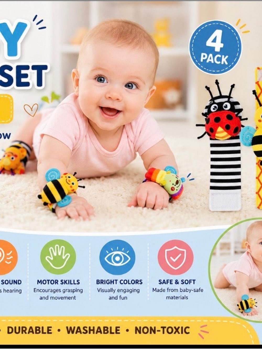 Baby Wrist Rattle Set - Pink & Multicolor Plush Sensory Bracelets (4-Pack)